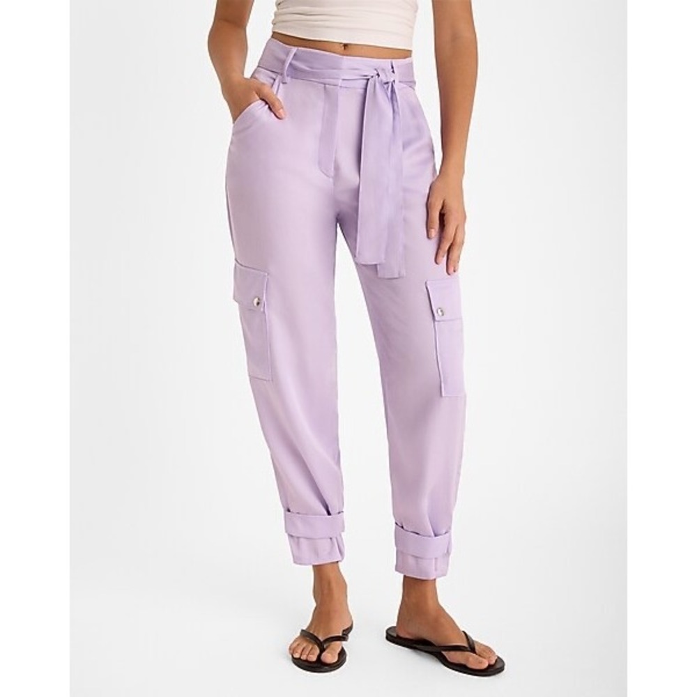 Express High Waisted Belted Cargo Pants Womens 2 Lilac Purple Tie Waist Lyocell
